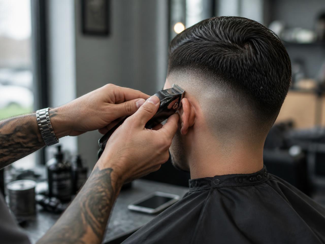 Barber finishing a skin fade while the shop phone rings in the background
