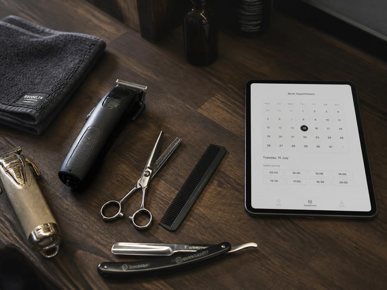 Barbering tools laid out beside a tablet showing a booking calendar