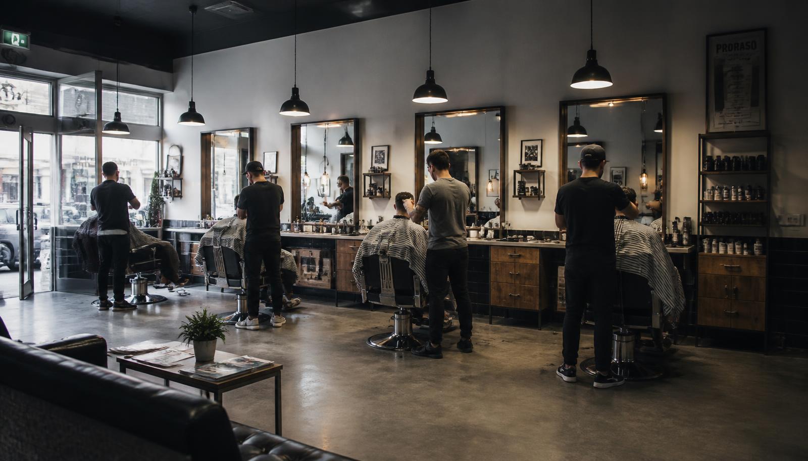 Multi-chair Australian barbershop with barbers working on clients