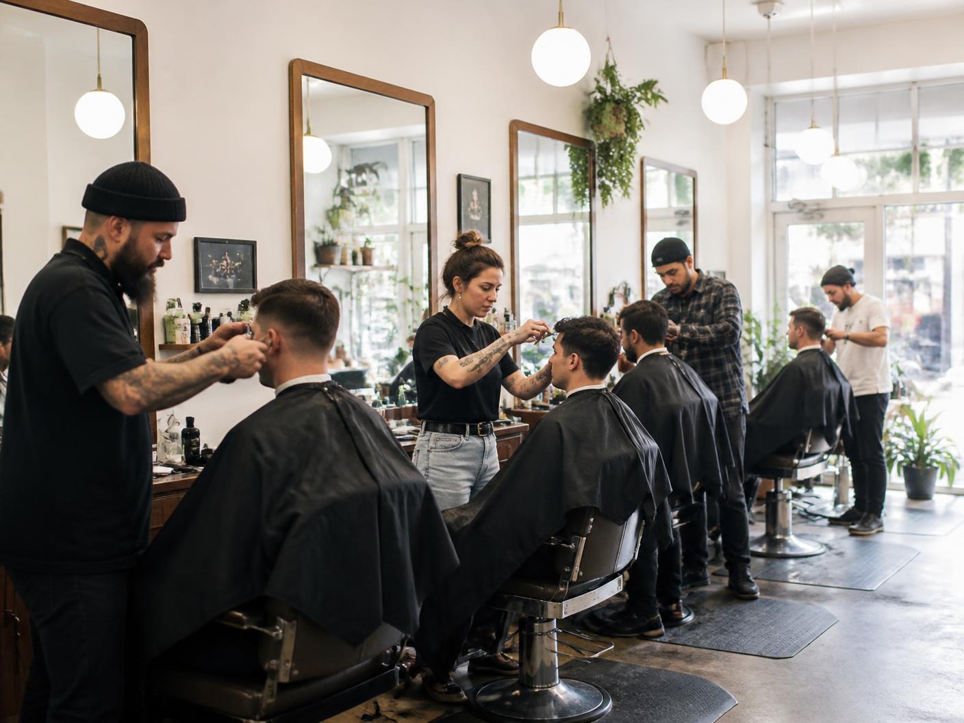 Busy multi-chair barbershop with four barbers working on clients at once