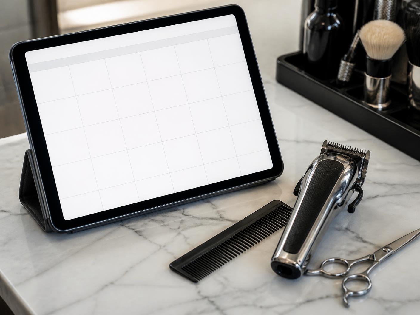Tablet showing a booking calendar beside clippers, comb and scissors on a marble counter