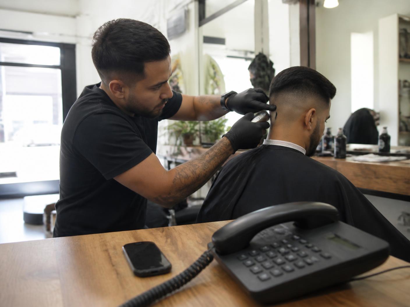 Barber trimming a client's fade while the shop phone sits ringing on the counter